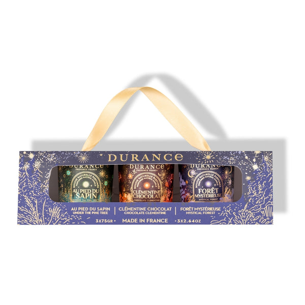 Geschenkbox, 3x 75g Kerzen 2025 Am Tannenbaum, Mandarine Schokolade, Geheimnisvoller Wald