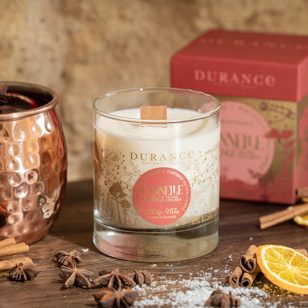 Duftkerze Zimt-Orange mit Holzdocht 280g + Streichhölzer