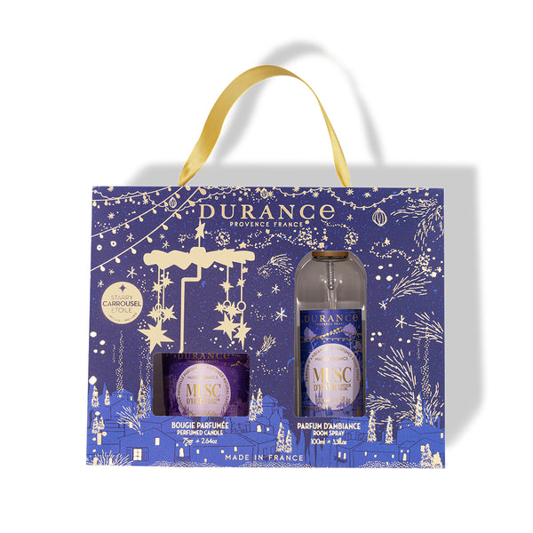 Weihnachtsset "Wintermoschus" Duftkerze 75g, Raumspray 100ml & Karussell
