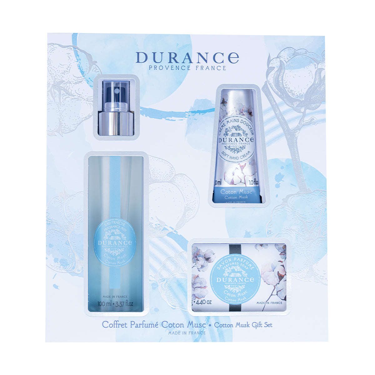 3er Geschenkset „Baumwoll-Moschus“ Eau Fraiche 100ml& Beduftete Seife 125g & Sanfte Handcreme 30ml